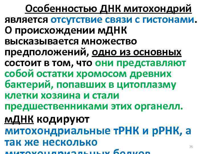 Особенностью ДНК митохондрий является отсутствие связи с гистонами. О происхождении м. ДНК высказывается множество