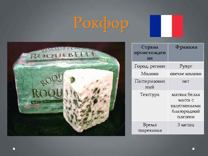Рокфор Страна происхожден ия Франция Город, регион Руэрг Молоко овечье молоко Пастеризован ный нет