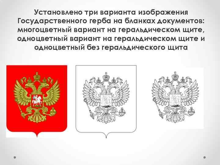 Установлено три варианта изображения Государственного герба на бланках документов: многоцветный вариант на геральдическом щите,