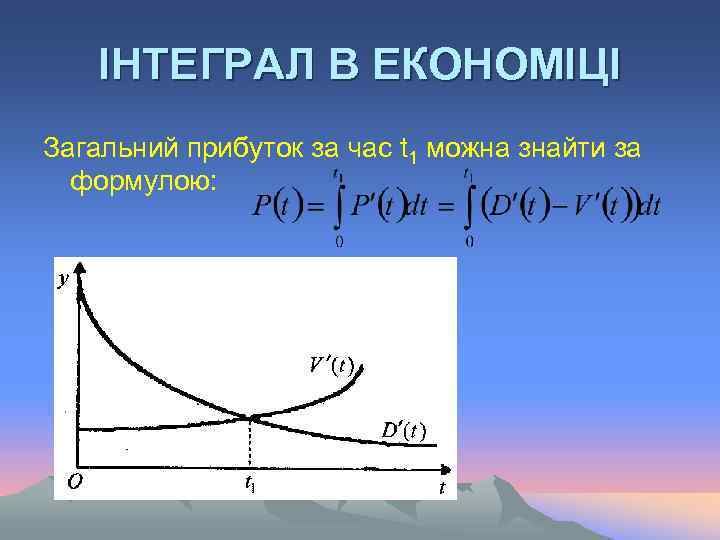 ІНТЕГРАЛ В ЕКОНОМІЦІ Загальний прибуток за час t 1 можна знайти за формулою: 