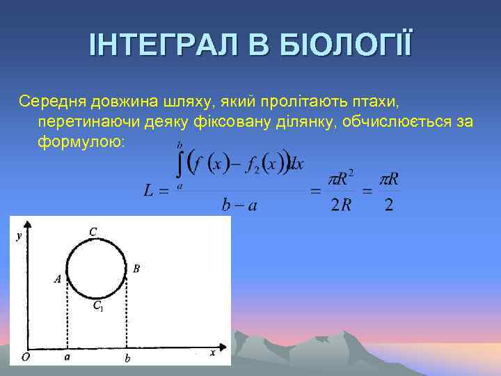 ІНТЕГРАЛ В БІОЛОГІЇ Середня довжина шляху, який пролітають птахи, перетинаючи деяку фіксовану ділянку, обчислюється
