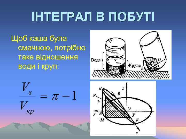 ІНТЕГРАЛ В ПОБУТІ Щоб каша була смачною, потрібно таке відношення води і круп: 