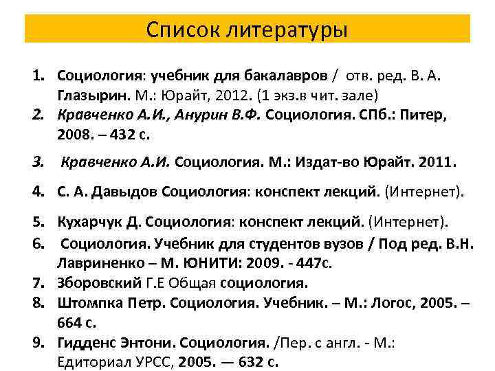 Список литературы 1. Социология: учебник для бакалавров / отв. ред. В. А. Глазырин. М.