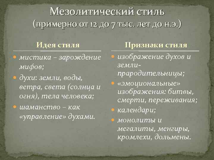 Мезолитический стиль (примерно от 12 до 7 тыс. лет до н. э. ) Идея