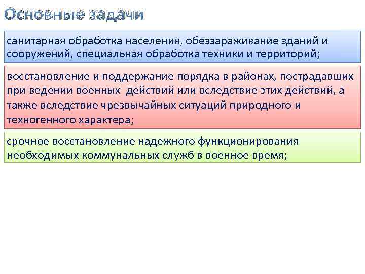 Основные задачи санитарная обработка населения, обеззараживание зданий и сооружений, специальная обработка техники и территорий;