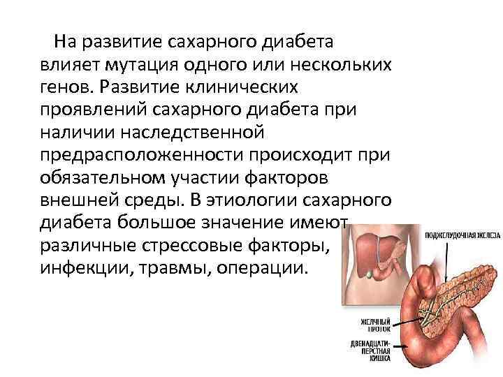  На развитие сахарного диабета влияет мутация одного или нескольких генов. Развитие клинических проявлений