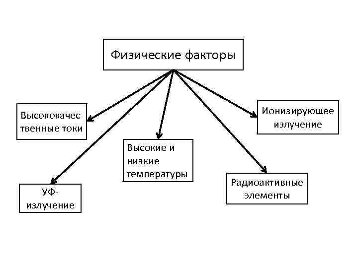 Физические факторы Ионизирующее излучение Высококачес твенные токи Высокие и низкие температуры УФ- излучение Радиоактивные
