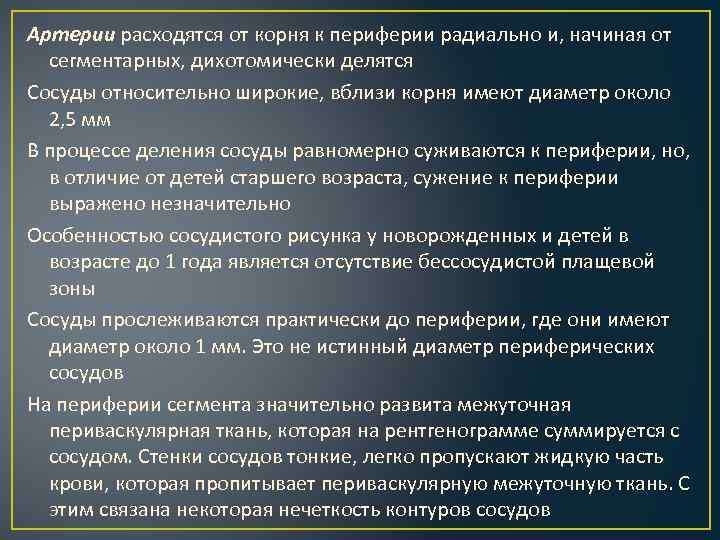 Артерии расходятся от корня к периферии радиально и, начиная от сегментарных, дихотомически делятся Сосуды