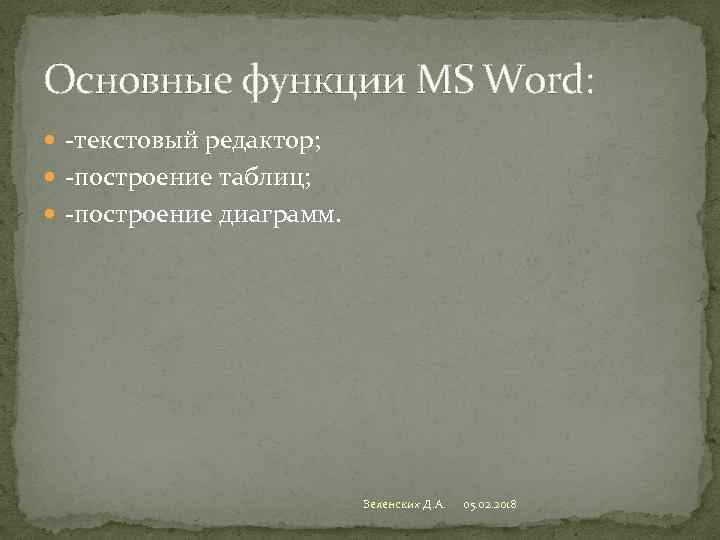 Основные функции MS Word: -текстовый редактор; -построение таблиц; -построение диаграмм. Зеленских Д. А. 05.