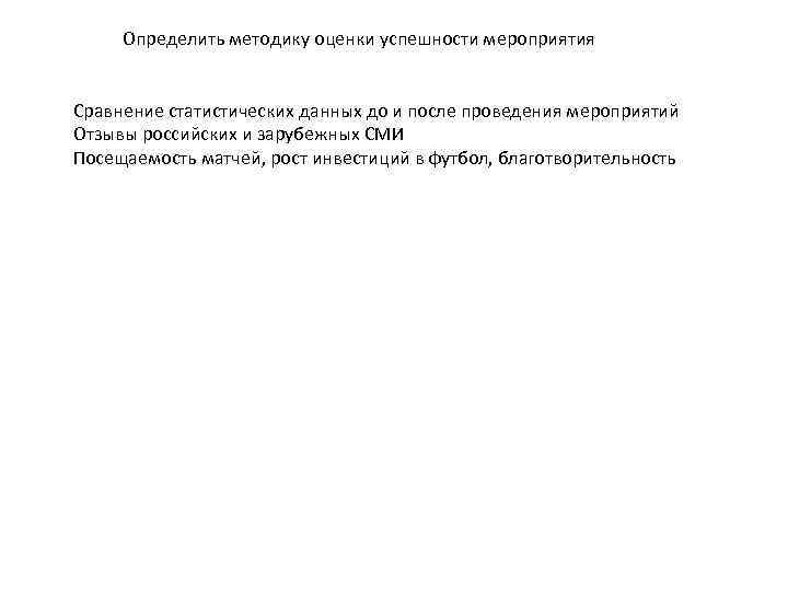 Определить методику оценки успешности мероприятия Сравнение статистических данных до и после проведения мероприятий Отзывы