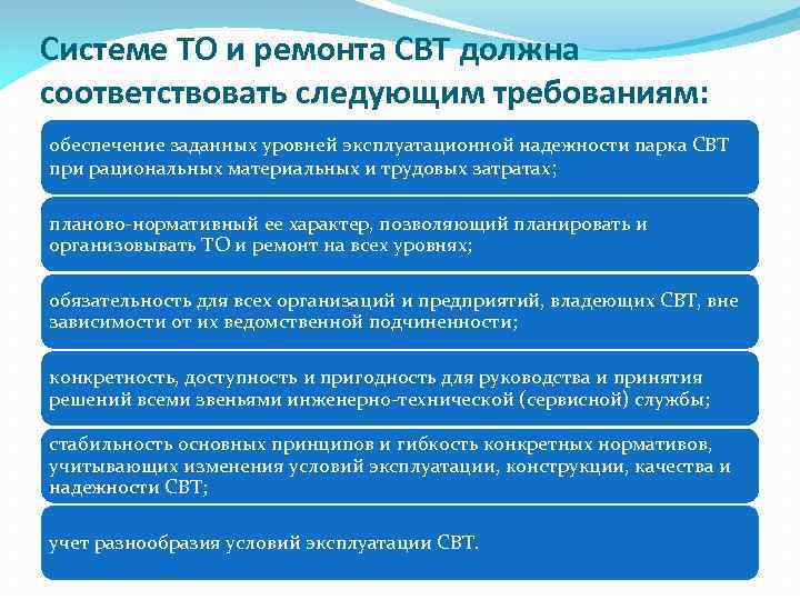 Системе ТО и ремонта СВТ должна соответствовать следующим требованиям: обеспечение заданных уровней эксплуатационной надежности