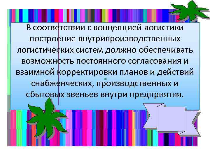 В соответствии с концепцией логистики построение внутрипроизводственных логистических систем должно обеспечивать возможность постоянного согласования