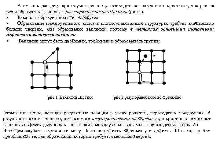 Атом, покидая регулярные узлы решетки, переходит на поверхность кристалла, достраивая его и образуется вакансия
