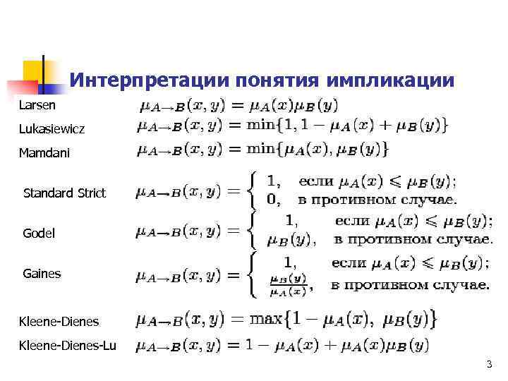 Интерпретации понятия импликации Larsen Lukasiewicz Mamdani Standard Strict Godel Gaines Kleene-Dienes-Lu 3 
