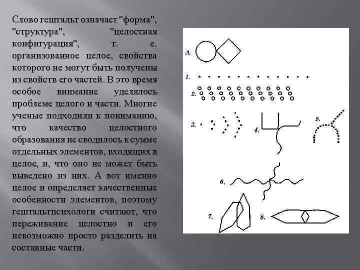 Слово гештальт означает "форма", "структура", "целостная конфигурация", т. е. организованное целое, свойства которого не