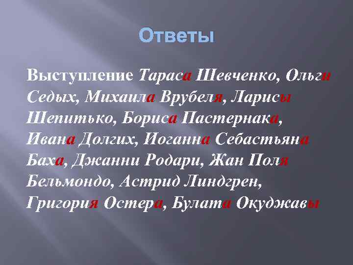 Ответы Выступление Тараса Шевченко, Ольги Седых, Михаила Врубеля, Ларисы Шепитько, Бориса Пастернака, Ивана Долгих,