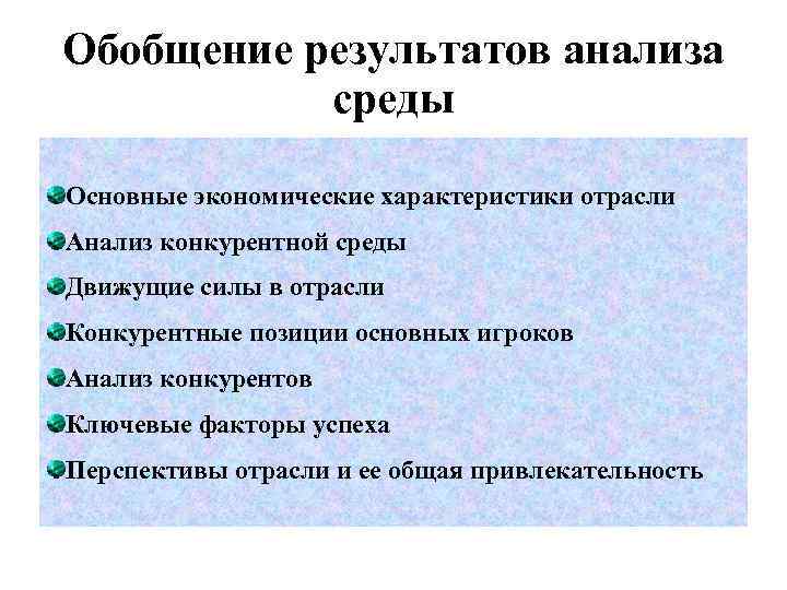 Обобщение результатов анализа среды Основные экономические характеристики отрасли Анализ конкурентной среды Движущие силы в