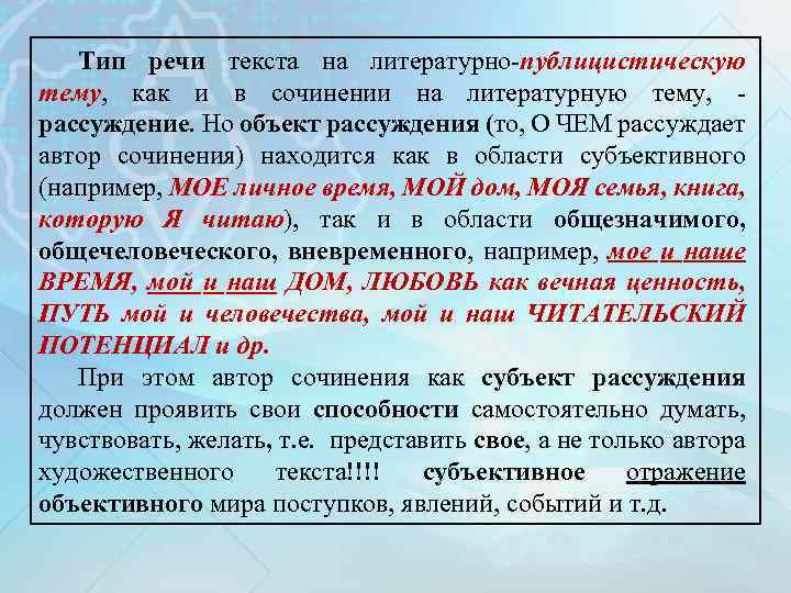 Тип речи текста на литературно-публицистическую тему, как и в сочинении на литературную тему, -