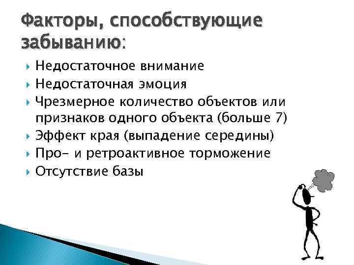 Факторы, способствующие забыванию: Недостаточное внимание Недостаточная эмоция Чрезмерное количество объектов или признаков одного объекта