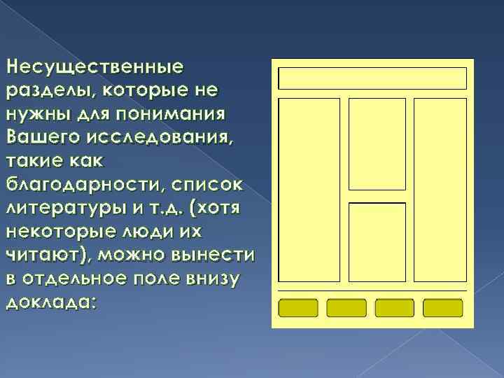 Несущественные разделы, которые не нужны для понимания Вашего исследования, такие как благодарности, список литературы