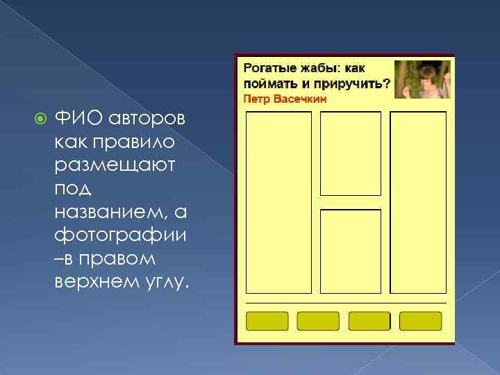  ФИО авторов как правило размещают под названием, а фотографии –в правом верхнем углу.