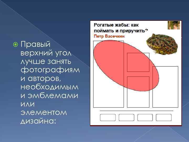  Правый верхний угол лучше занять фотографиям и авторов, необходимым и эмблемами или элементом