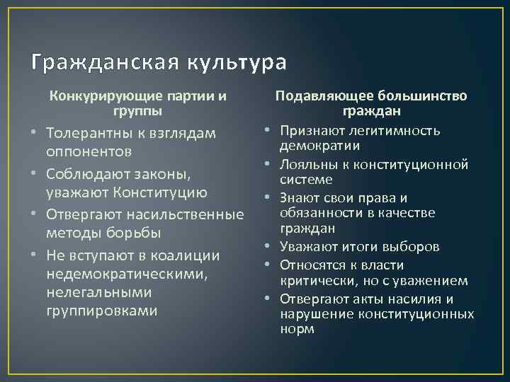 Гражданская культура Конкурирующие партии и группы • Толерантны к взглядам оппонентов • Соблюдают законы,