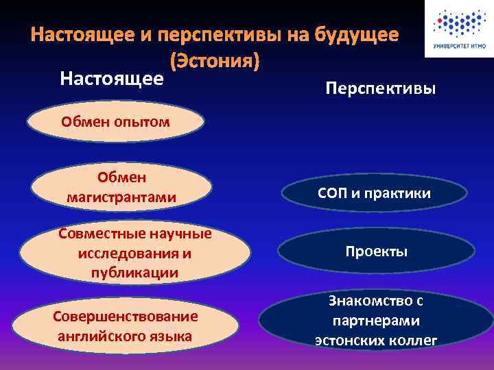 Настоящее и перспективы на будущее (Эстония) Настоящее Перспективы Обмен опытом Обмен магистрантами Совместные научные