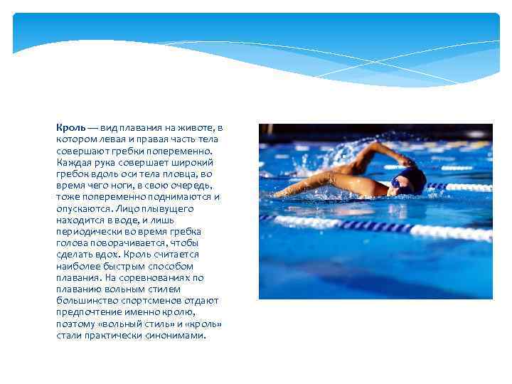 Кроль — вид плавания на животе, в котором левая и правая часть тела совершают
