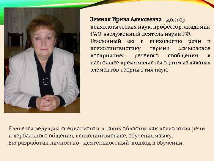 Зимняя Ирина Алексеевна доктор психологических наук, профессор, академик РАО, заслуженный деятель науки РФ. Введенный