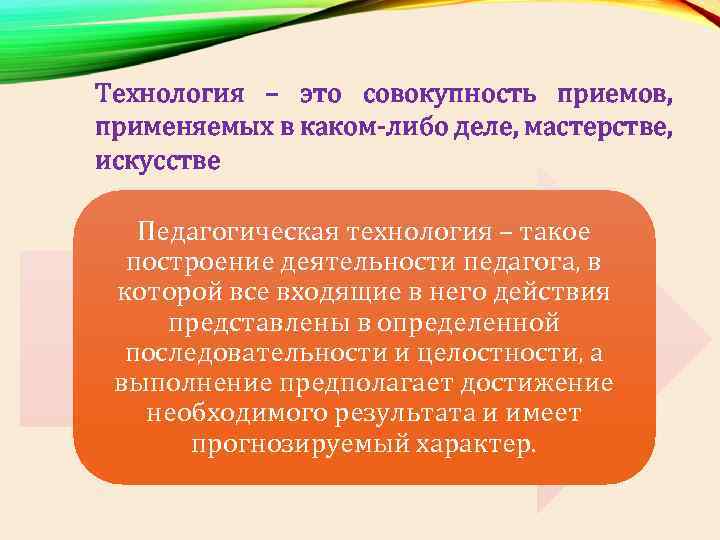 Технология – это совокупность приемов, применяемых в каком-либо деле, мастерстве, искусстве Педагогическая технология –