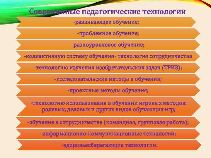 Современные педагогические технологии -развивающее обучение; -проблемное обучение; -разноуровневое обучение; -коллективную систему обучения- технология сотрудничества