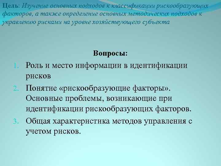 Цель: Изучение основных подходов к классификации рискообразующих факторов, а также определение основных методических подходов