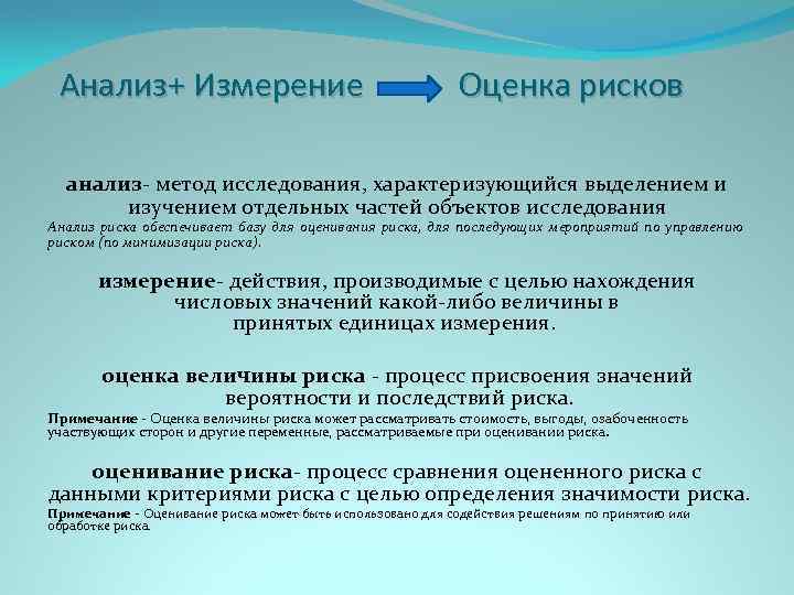 Анализ+ Измерение Оценка рисков анализ- метод исследования, характеризующийся выделением и изучением отдельных частей объектов