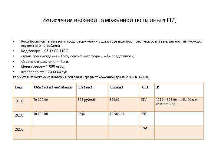 Исчисление ввозной таможенной пошлины в ГТД Российская компания ввозит по договору купли-продажи с резидентом