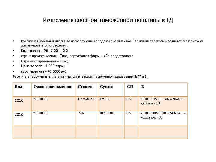 Исчисление ввозной таможенной пошлины в ТД Российская компания ввозит по договору купли-продажи с резидентом