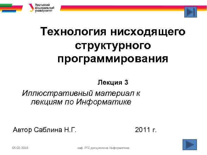 Технология нисходящего структурного программирования Лекция 3 Иллюстративный материал к лекциям по Информатике Автор Саблина