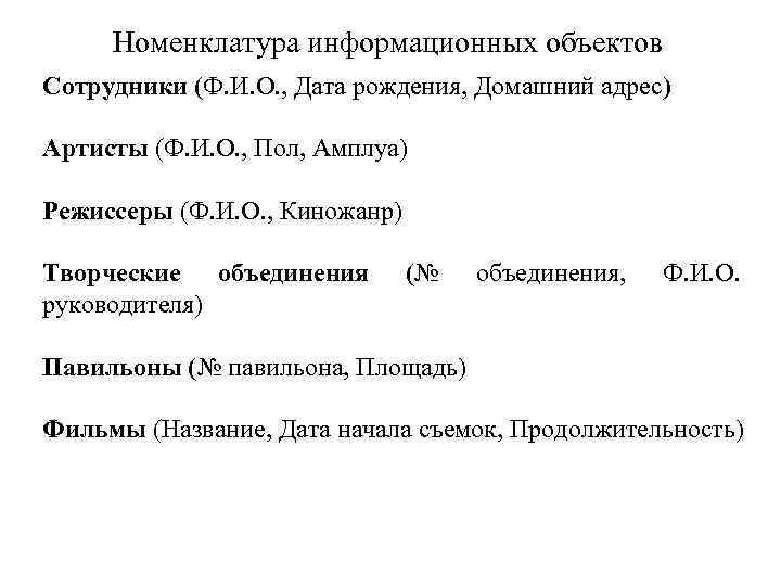 Номенклатура информационных объектов Сотрудники (Ф. И. О. , Дата рождения, Домашний адрес) Артисты (Ф.