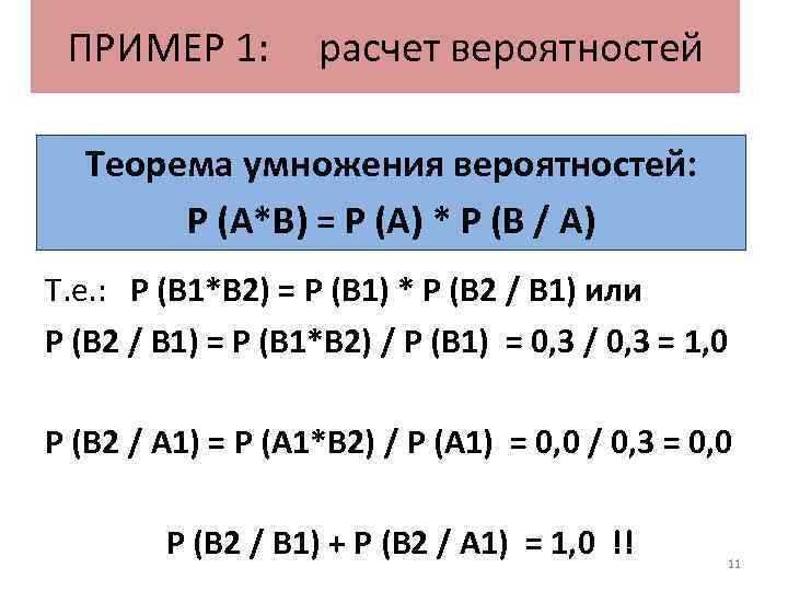 ПРИМЕР 1: расчет вероятностей Теорема умножения вероятностей: P (A*B) = P (A) * P