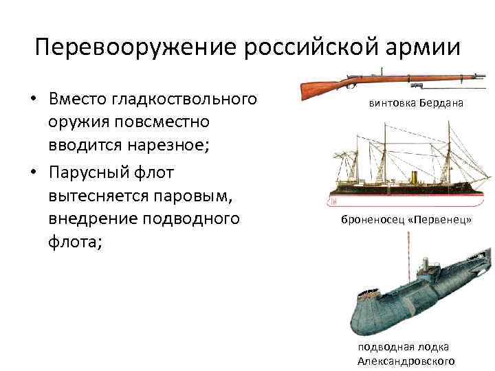 Перевооружение российской армии • Вместо гладкоствольного оружия повсместно вводится нарезное; • Парусный флот вытесняется