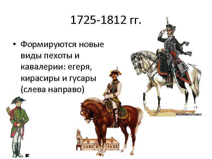 1725 -1812 гг. • Формируются новые виды пехоты и кавалерии: егеря, кирасиры и гусары