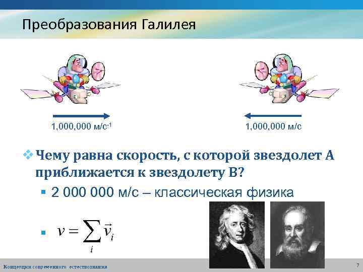 Преобразования Галилея 1, 000 м/с-1 1, 000 м/с v Чему равна скорость, с которой
