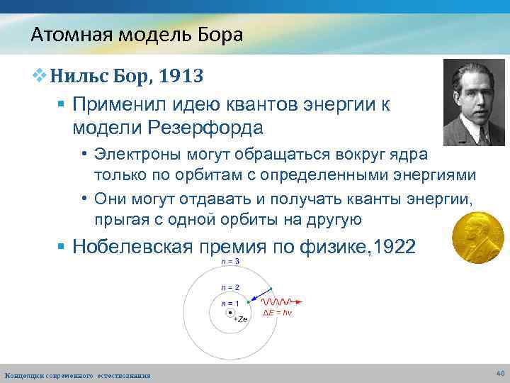 Атомная модель Бора v Нильс Бор, 1913 § Применил идею квантов энергии к модели