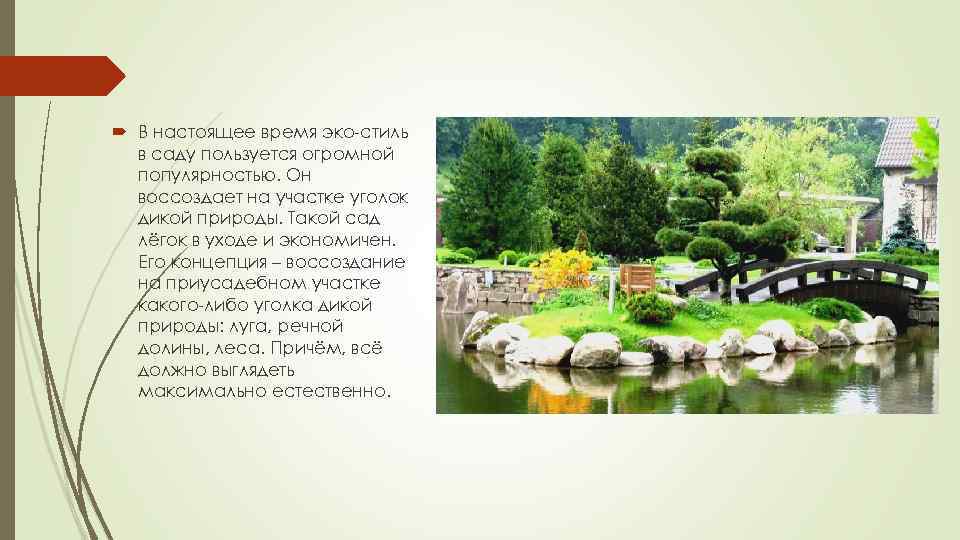  В настоящее время эко-стиль в саду пользуется огромной популярностью. Он воссоздает на участке