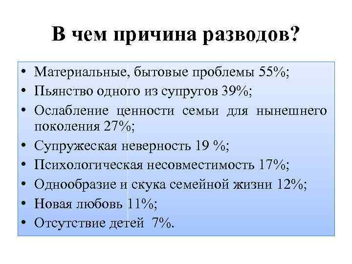 В чем причина разводов? • Материальные, бытовые проблемы 55%; • Пьянство одного из супругов