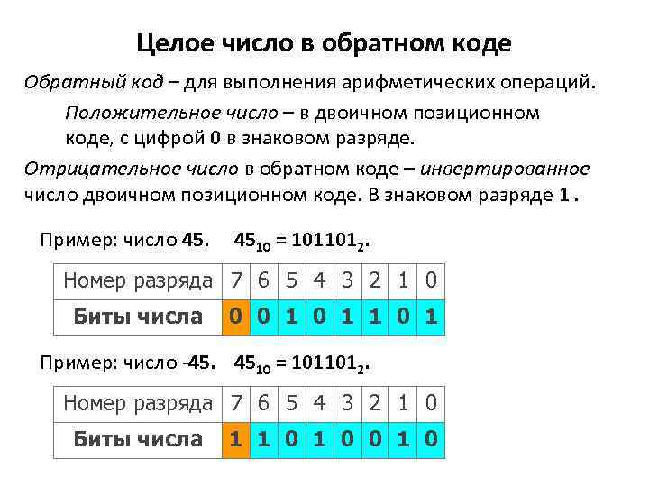 Коды чисел. Обратный код отрицательного числа. Представление числа в обратном коде. Обратный код положительного числа. Двоичные числа в обратном коде.