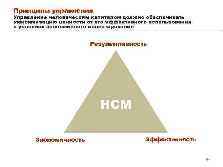 Принципы управления Управление человеческим капиталом должно обеспечивать максимизацию ценности от его эффективного использования в