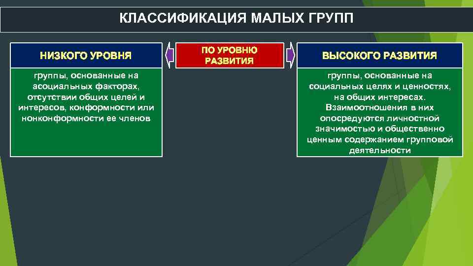 КЛАССИФИКАЦИЯ МАЛЫХ ГРУПП НИЗКОГО УРОВНЯ группы, основанные на асоциальных факторах, отсутствии общих целей и