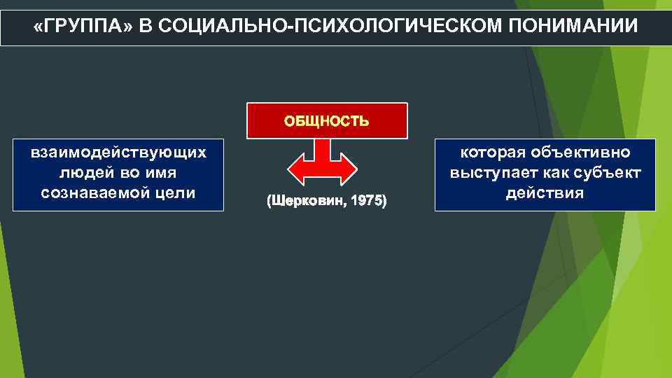  «ГРУППА» В СОЦИАЛЬНО ПСИХОЛОГИЧЕСКОМ ПОНИМАНИИ ОБЩНОСТЬ взаимодействующих людей во имя сознаваемой цели (Шерковин,