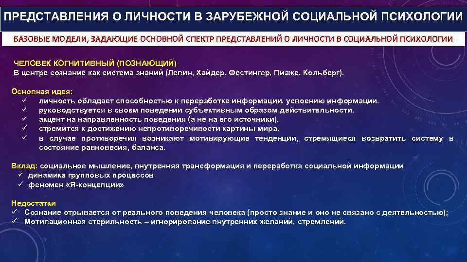 ПРЕДСТАВЛЕНИЯ О ЛИЧНОСТИ В ЗАРУБЕЖНОЙ СОЦИАЛЬНОЙ ПСИХОЛОГИИ БАЗОВЫЕ МОДЕЛИ, ЗАДАЮЩИЕ ОСНОВНОЙ СПЕКТР ПРЕДСТАВЛЕНИЙ О